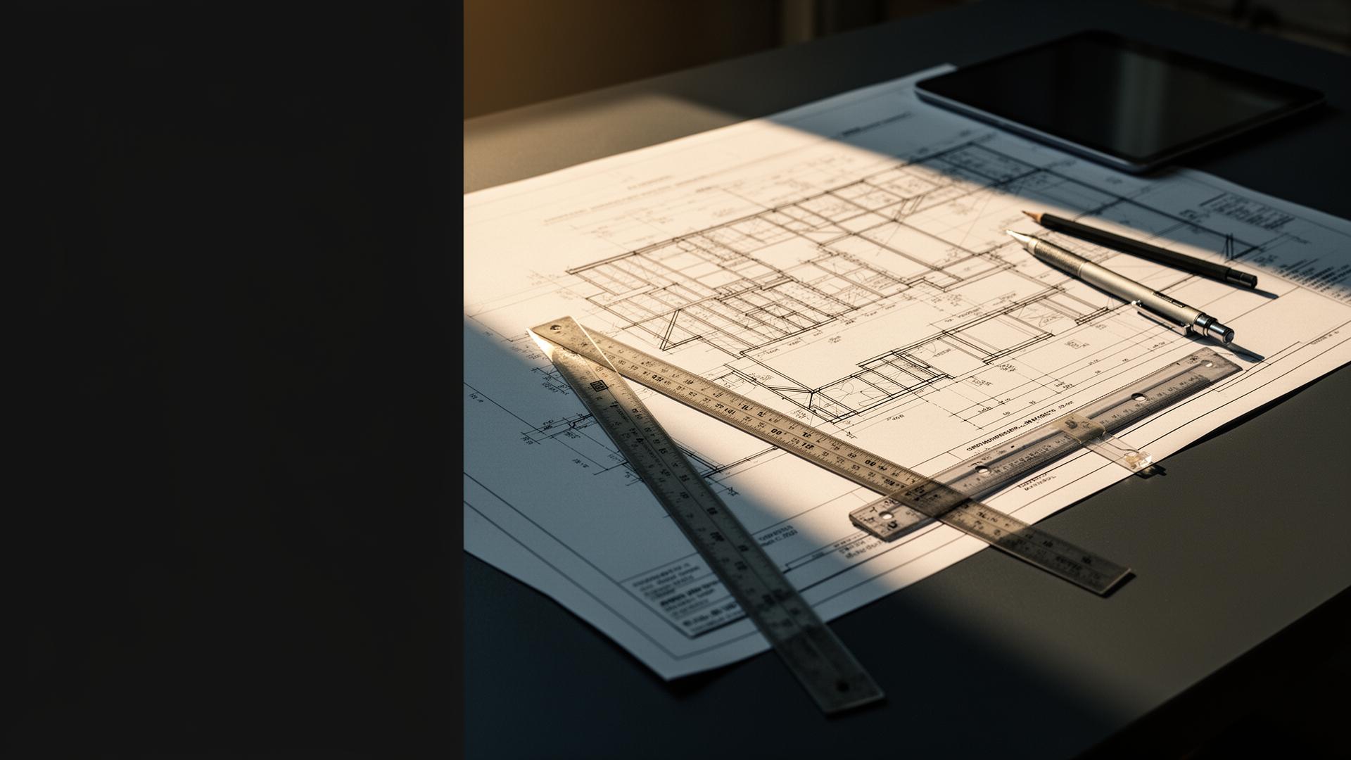 Construction drawings and estimating tools on a drafting table